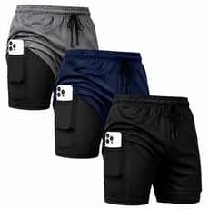 Kit 3 Shorts Masculino 2 em 1 Dry Fit Academia Corrida Bolso Celular Interno Compressão Bermuda Fitness Premium Ciclista