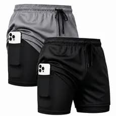 Shorts Academia Masculino 2 em 1 Dry Fit Compressão Bolso Interno para Celular Corrida Treino Bermuda Academia