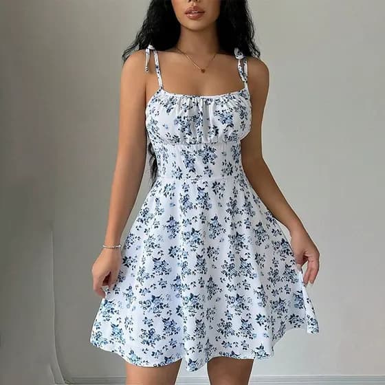 Primavera novo estilo doce cintura estreita A linha estilo ocidental saia curta solta mais magro olhar vestido Casual