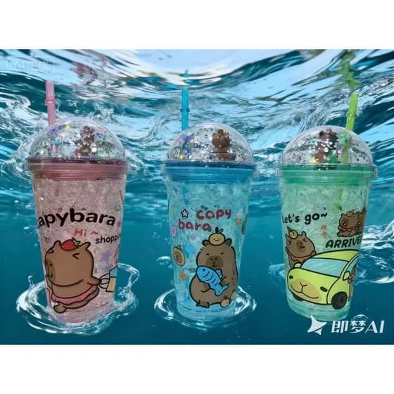Copo Fofo Kapivara Acrílico Brilhoso Parede Dupla Resistente Estampada Infantil/adolescente 480ml