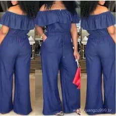 Macacão jeans feminino com babados de cintura alta e corda