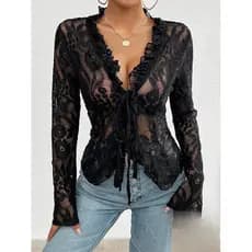 Lindas Blusas Femininas De Renda Manga Comprida Casual Transparente Básica Com Gravata Frontal