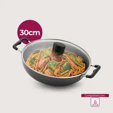 Panela Wok Tacho Alegrete Top Quality Tampa Vidro AA Cinza
