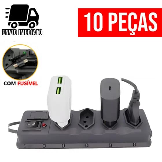 Kit 10 Filtro de Linha  Régua de Tomada com Fusível Extensão Elétrica Bivolt 4 Tomadas Tripolar