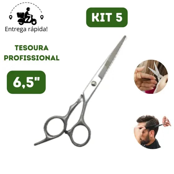 Kit 5 Tesoura Profissional 6,5" Para Corte de Cabelo Barbeiro e Salão