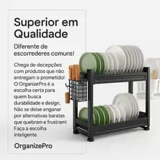 OrganizePro — O escorredor que transforma sua cozinha!Escorredor Loucas Bancada Duplo Multifuncional Preto Fosco Compact