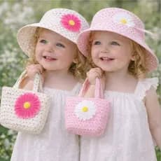 Kit Praia Chapéu Infantil com Bolsinha Girassol Moda Verão, Palha Sintética Menina.