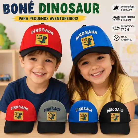 Boné Infantil Dinossauro Bordado Proteção Solar Menino e Menina Moda Criança