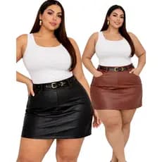 Short Saia Couro Sintetico Bolso Funcional Plus Size com Cinto Fivela Elegante e Moda Inverno