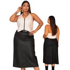 Saia Midi Plus Size Feminina em Couro Sintético com Cinto Cintura Alta Elegante
