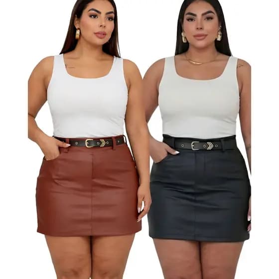 Short Saia Feminino Plus Size Couro Sintético Com Cinto Chevron Premium