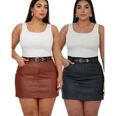 Short Saia Feminino Plus Size Couro Sintético Com Cinto Chevron Premium