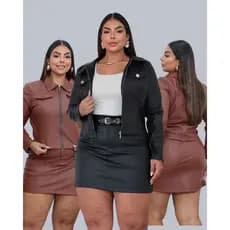 Conjunto Couro Feminino Plus Size Jaqueta com Zíper e Short Saia com Cinto Incluso Moda Street