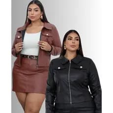 Jaqueta Femenino Plus Size Feminina Couro com Zíper Estilosa Inverno