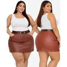 Short Saia Feminino Plus Size Couro Acompanha Cinto Saia Frente e Costa Inverno