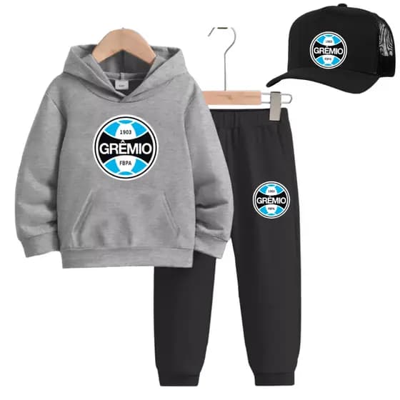 Conjunto Moletom Flanelado Infantil Blusa+ Calça Estampa Gremio Futebool com Boné