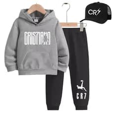 Conjunto Moletom Blusa Frio + Calça Casaco Algodão Canguru Estampado CR7 Cristiano Ronaldo infantil 4 ao 16 + boné