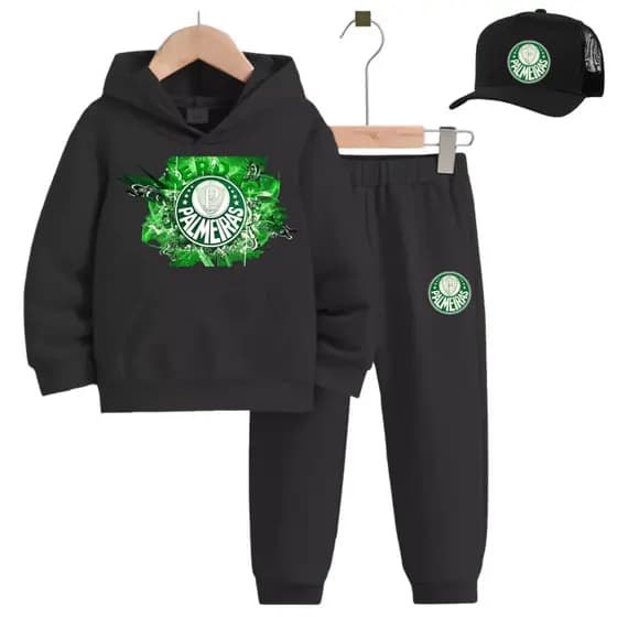 Conjunto Moletom iInfantil do Verdão Jogo de Futebol Blusa de Frio Com Capuz e Calça  Flanelado 4 ao 16