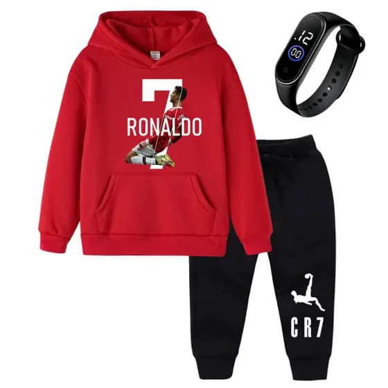 Blusa Moletom Infantil Cr7 Critiano Ronaldo Canguru Juvenil +Calça Moleton Frio Criança + relogio digital