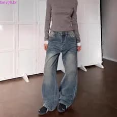 Calças jeans americanas de estilo cleanfit com acabamento desgastado, em malha de bambu, com bainha curvada, corte reto,