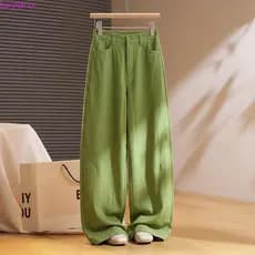 Verão fino novo estilo elegante solto em linha reta Tencel linho perna larga calças casuais femininas cintura alta mais