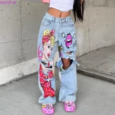 Calças Rasgadas Femininas Retro Lavado Cintura Alta Moda Feminina Impressão Oco Rasgado Jeans Retos