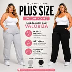 Calça Moletom Feminina Plus Size Reta Sem Punho Aveludada Preta e Cinza Mescla GG ao G5