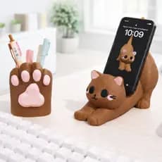 Suporte Celular Gatinho Decorativo Kit Organizador de Mesa com Porta Canetas