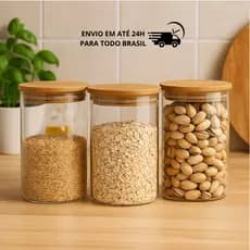 Conjunto 3 Potes de Vidro 800ml Tampa Bambu Hermetico Premium Redondo Mantimentos Tempero Alimentos