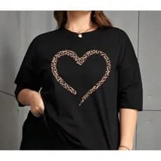 2026 Novo Camiseta Plus Size Estampa Coração Onça Oversized Manga Curta Feminino Amor Life Style Streetwear
