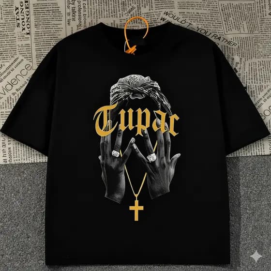 Camiseta Masculina Plus Size Em Puro Algodão, Com Um Logotipo "TUPAC" Em Destaque E Um Design Exclusivo Desenhado À Mão
