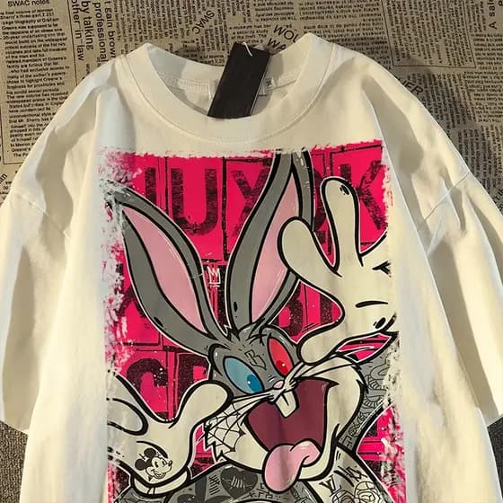 2026 Padrão Crazy Bunny Camiseta oversized streetwear, modelagem larga para um estilo urbano cheio de atitude.