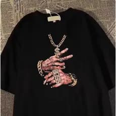 Camiseta Masculina Plus Size De Algodão Com Estampa De Colar Estilo Hip-hop E Gesto Com As Mãos