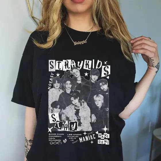 2026 Camiseta T-shirt Unissex Kpop Stray Kids World Tour Maniac Oversized Casual Algodão Streetwear