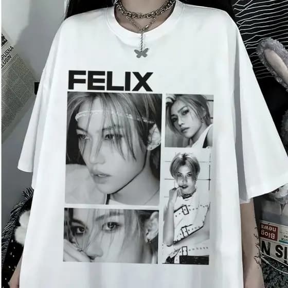 2026 Camiseta Algodão Stray Kids Kpop Streetwear Felix Masculina e Feminina Branca