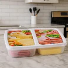 Pote Porta Frios com 2 Divisórias Tampa Click Retrô Organizador para Presunto Queijo Geladeira Plástico Resistente