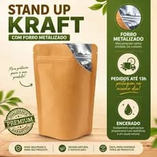 Saco Stand Up Pouch de Papel Kraft 14x20+3cm Forro Metalizado Fecho Zip c/ 50Unid