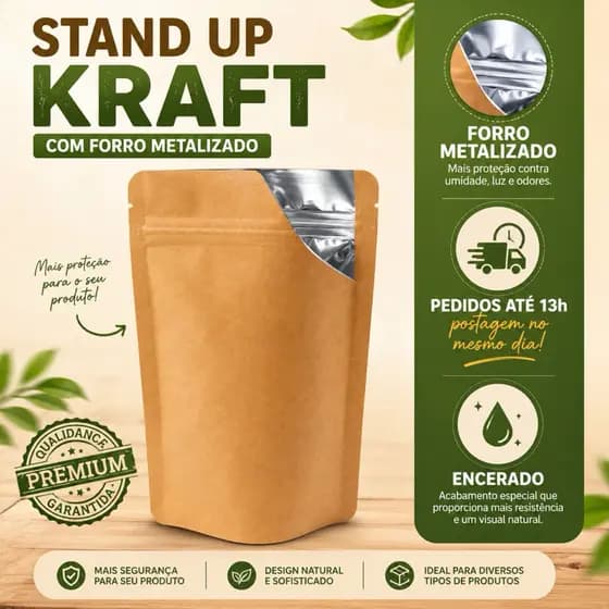 Saco Stand Up Pouch de Papel Kraft 10X15+3cm Forro Metalizado Fecho Zip c/ 50Unid