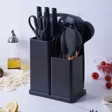 Kit Cozinha Completo 19 Peças Silicone Cabo Madeira com Facas Profissionais e Organizador
