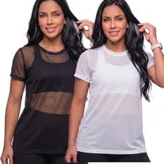 Kit 2 Blusa Feminina Fitness Transparente Academia Tule Arrastão Manga Curta Camisão Moda Treino