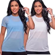 Kit 2 Blusa Feminina Transparente Tule Arrastão Manga Curta Moda Fitness Academia Treino Camisão Leve