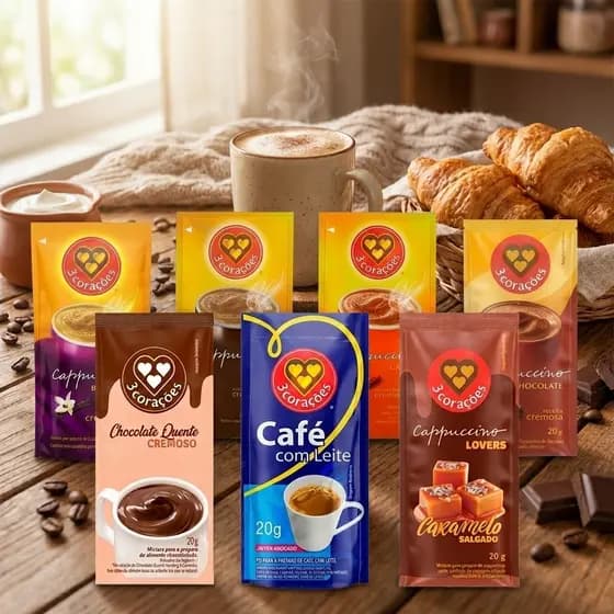 Capuccino 3 Corações Sachê Sortido Kit Com 5/10/20/30 Um Café Com Leite E Cappuccino