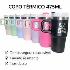 Copo Térmico Inox com Alça e Canudo 475ml Tampa Rosqueável