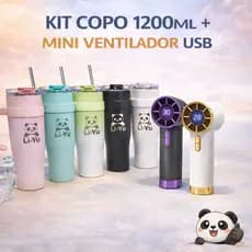 Kit Copo Térmico Inox Canudo de Inox Tampa Segura + Mini Ventilador USB Portátil Leve Silencioso e Potente