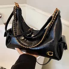 Bolsa de Ombro Vintage com Corrente e Acabamento Brilhante em PU, Bolsa de Grande Capacidade para Uso Diário e Transvers