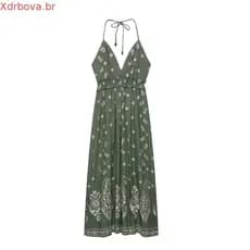 Myst & za2025 novo vestido feminino de verão casual e elegante, bordado, midi, sem costas, com laço, alças e decote em V