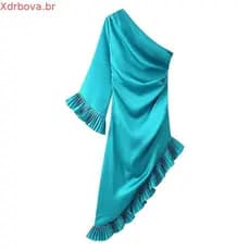 ZA Primavera Slim-Fit Babados Ombro Inclinado Vestido Assimétrico de Manga Única