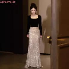 Vestido De Noite De Lantejoulas De Veludo Preto Para Mulheres , Elegante , Manga Comprida , Slim Fit , Vestidos Rabo De