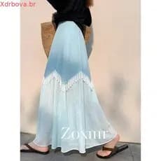 Saia elegante com painéis na cintura e franjas em azul, projetada para mulheres de estatura baixa, design exclusivo, sai