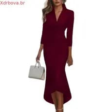 Novo Vestido Longo Elegante de Cetim com Decote em V e Manga Longa em Cor Sólida, Vestido Luxuoso de Estilo Ocidental pa